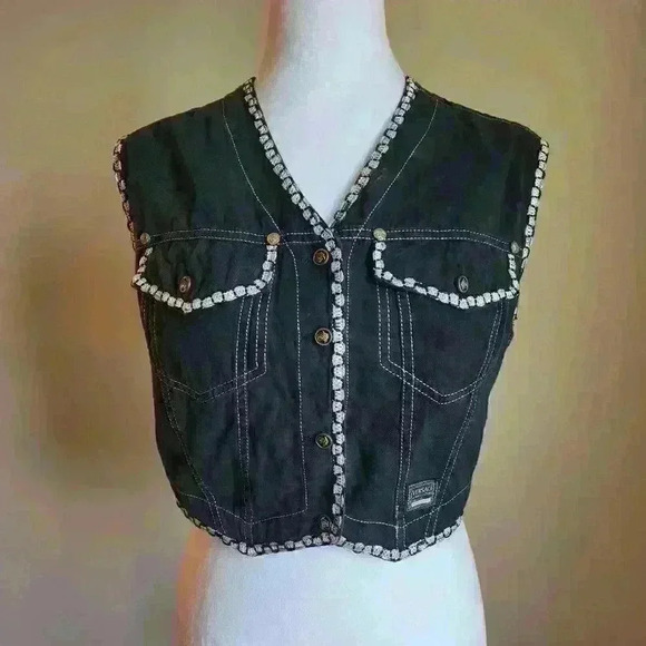 Authentic Versace Denim Vest | Rare Vintage Silver Threaded Designer Black Vest - Picture 1 of 9